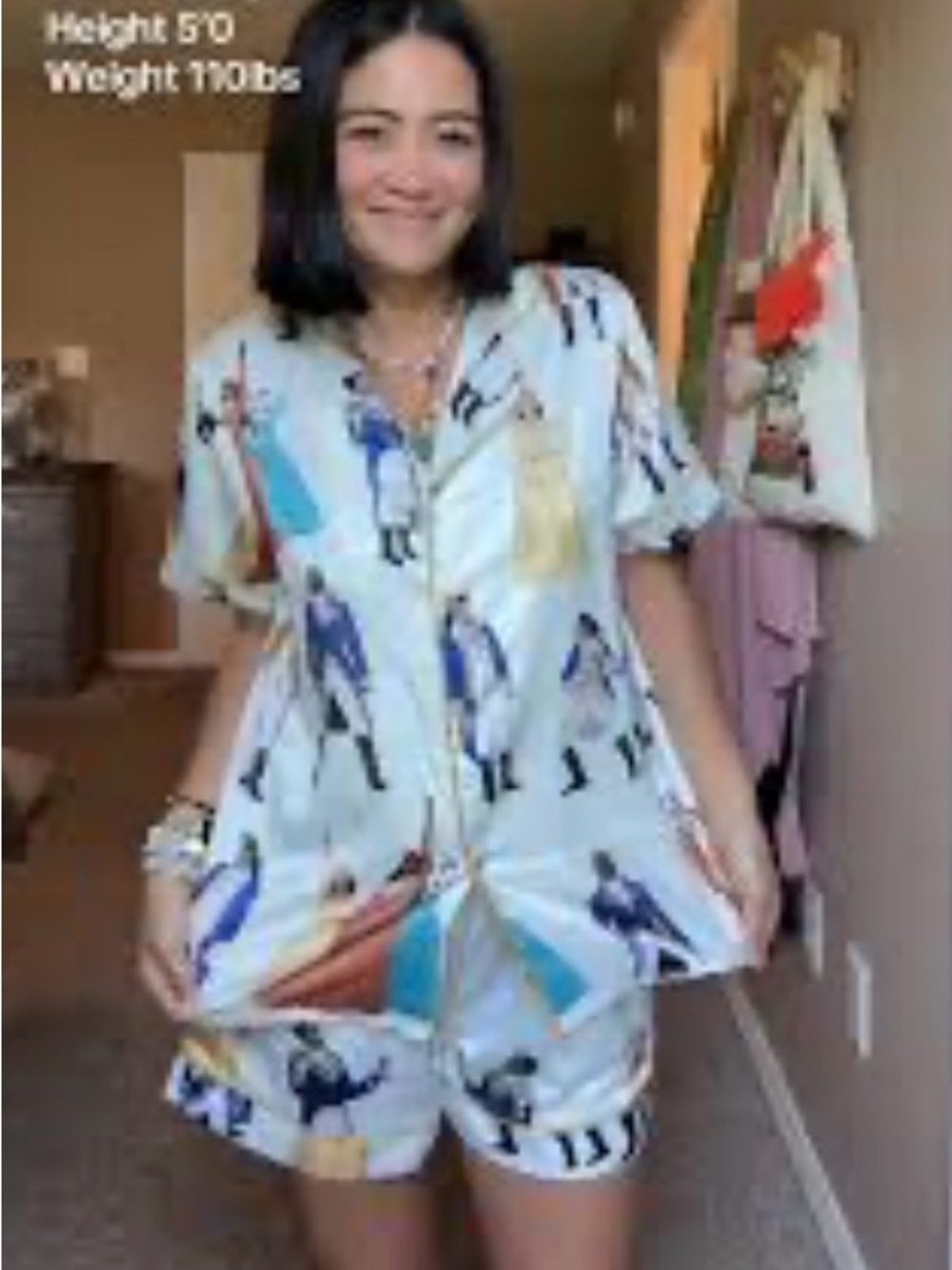 New SheShow Pajamas Silky Satin People Quirky Fashion Shorts Button Up Shirt Set